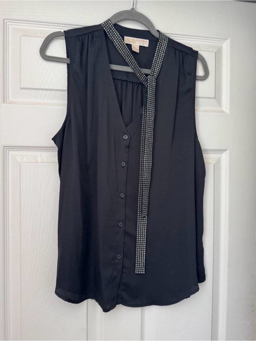 Michael Kors Black Sleeveless Button-Front Blouse with Embellished Tie